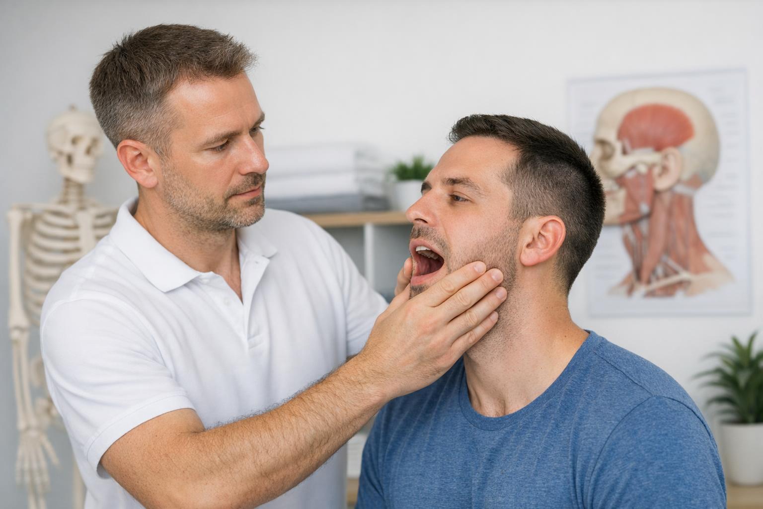 Zdjęcie: terapeuta ocenia ruchomość stawu skroniowo-żuchwowego u pacjenta