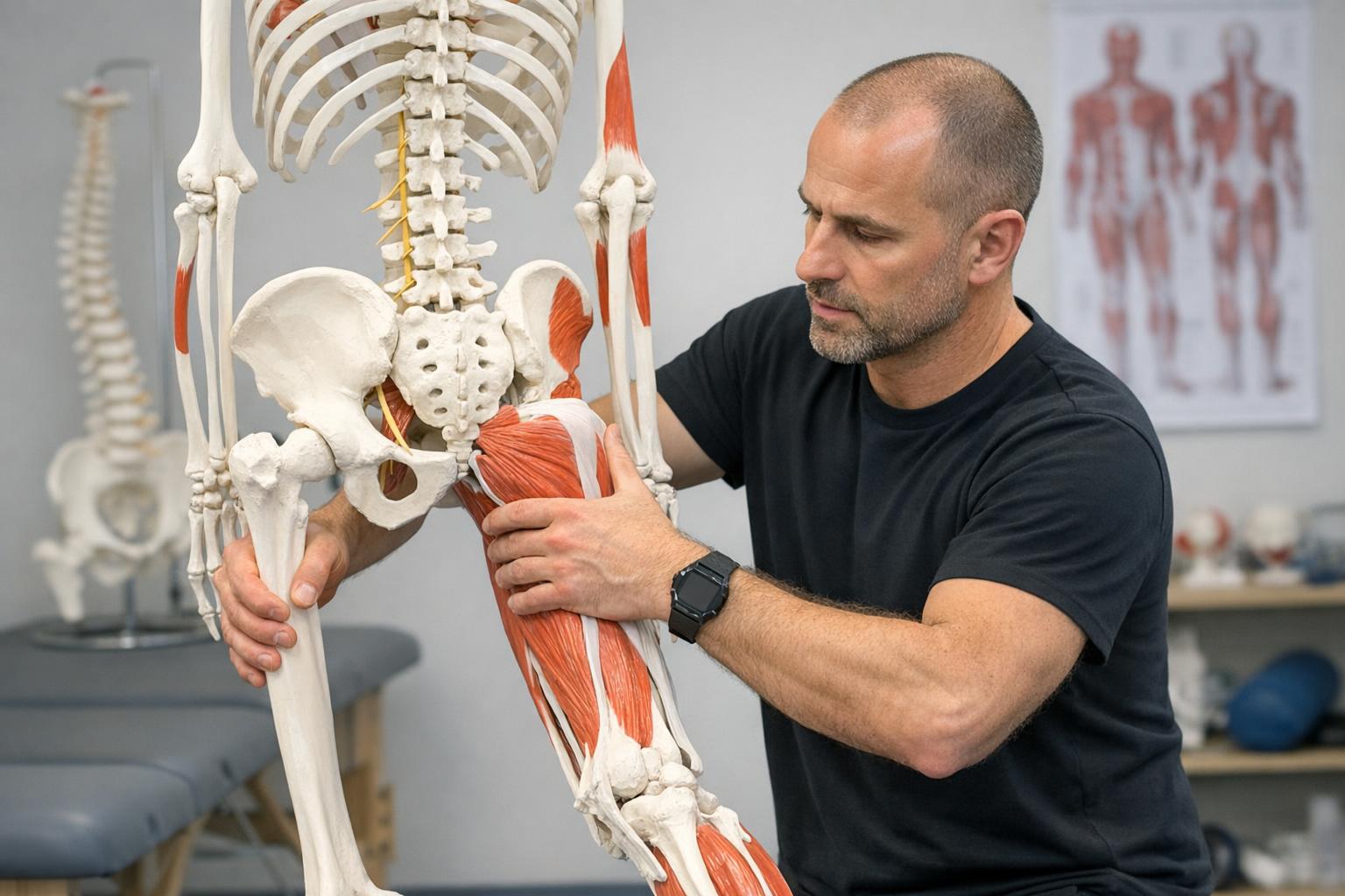 Zdjęcie: instruktor pokazuje techniki mobilizacji na modelu anatomicznym